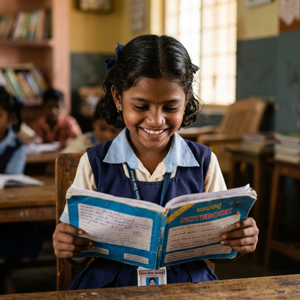 Indian orphan child reading